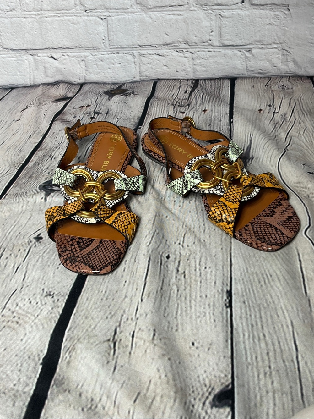 Tory Burch Yellow & Brown Snake-Print Chain Link Sandals